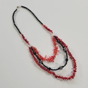 Edgy One of A Kind Layered Necklace Coral and Semi-precious Stones 21" 925 Clasp